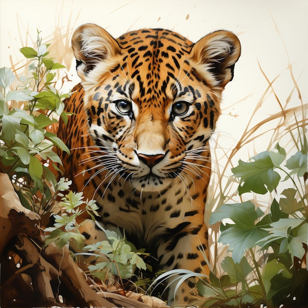 dipinto di un leopardo in un campo di erba e piante generativo ai