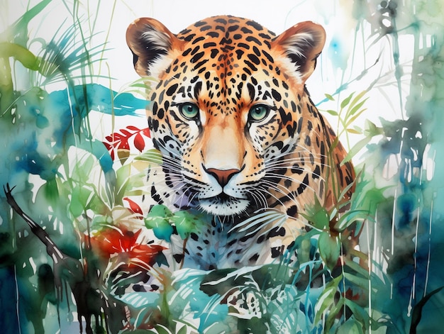 dipinto di un leopardo nella giungla con fiori e piante generative ai