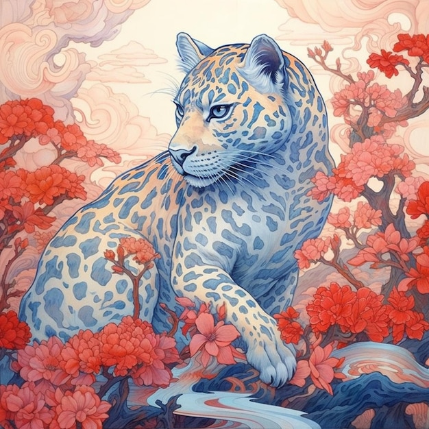 dipinto di un leopardo su un albero con fiori rossi ai generativa