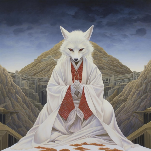 Dipinto di un lupo bianco con una veste bianca seduto su un letto generativo ai