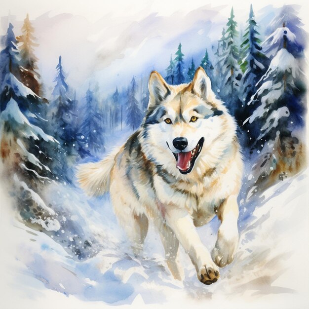 dipinto di un lupo che corre nella neve con alberi sullo sfondo generativo ai