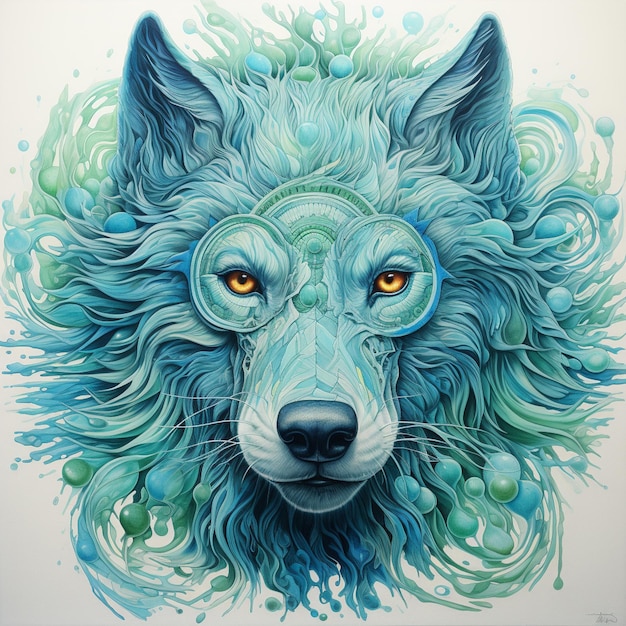 dipinto di un lupo con gli occhiali e uno sfondo blu ai creativo