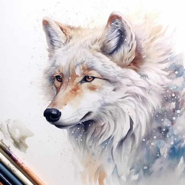dipinto di un lupo con una matita in bocca e uno sfondo bianco generativo ai