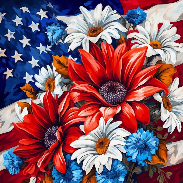 Dipinto di un mazzo di fiori con una bandiera americana sullo sfondo generativo ai