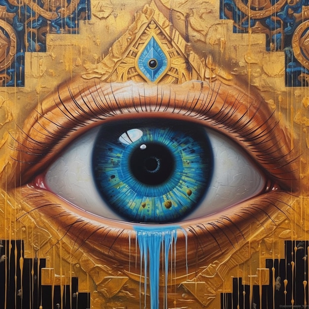 dipinto di un occhio azzurro con uno sfondo dorato e un diamante blu ai generativo
