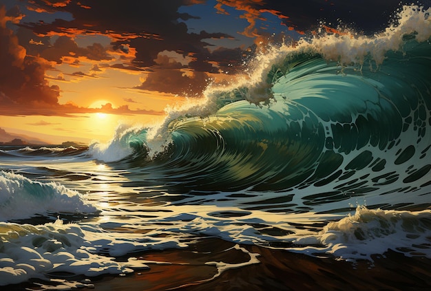 dipinto di un'onda che si infrange sulla spiaggia al tramonto ai generativa