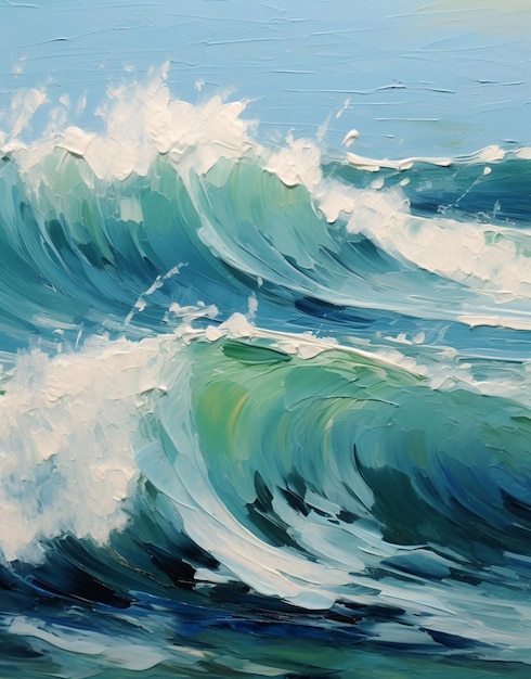 Dipinto di un'onda che si infrange sulla spiaggia con un cielo blu ai generativo