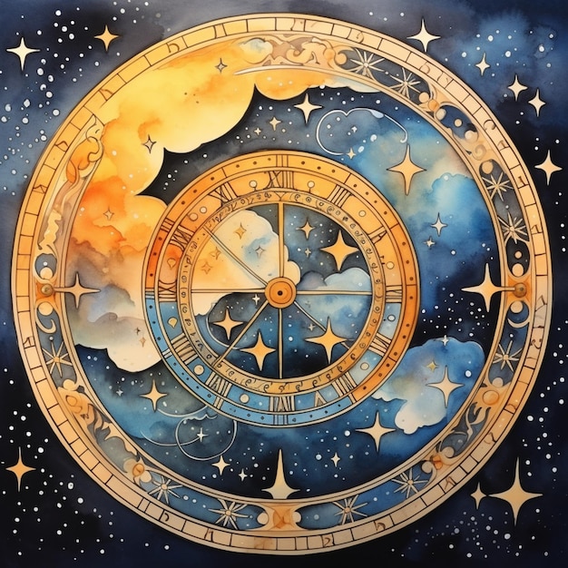 dipinto di un orologio con sfondo di cielo e stelle ai generative