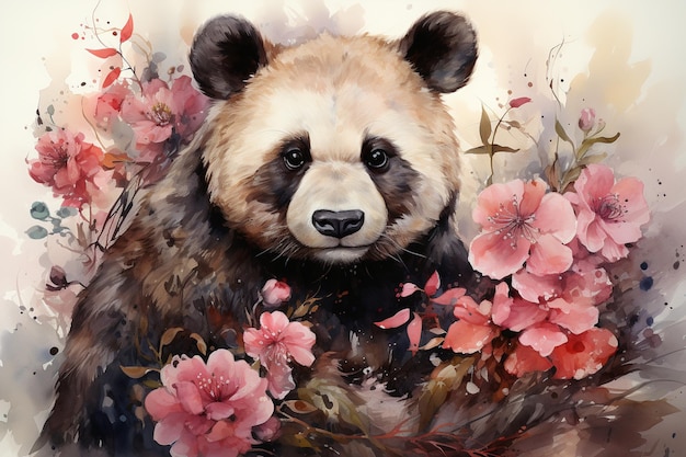 Dipinto di un orso panda circondato da fiori e foglie generativo ai