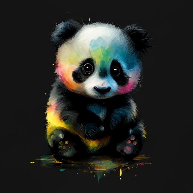 Dipinto di un orso panda con schizzi di vernice colorata sul volto generativo ai