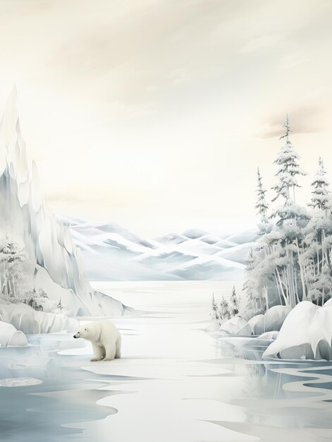 dipinto di un orso polare in un paesaggio innevato con alberi ai generativa