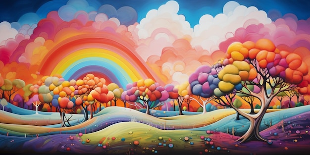 Dipinto di un paesaggio colorato con alberi e un arcobaleno generativo ai