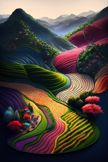 Dipinto di un paesaggio colorato con montagne sullo sfondo ai generativo
