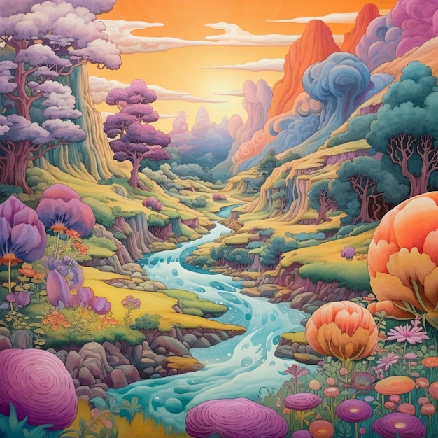 Dipinto di un paesaggio colorato con un ruscello e alberi generativi ai
