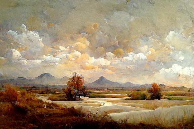 Dipinto di un paesaggio con un fiume e montagne in lontananza generativo ai