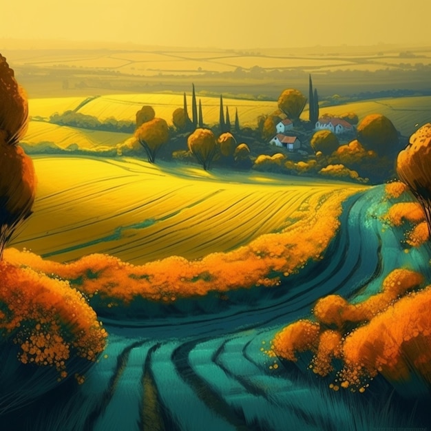 dipinto di un paesaggio rurale con un fiume e un villaggio ai creativi