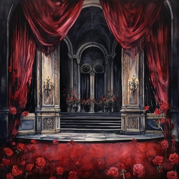 Dipinto di un palcoscenico con tende rosse e fiori rossi generativi ai