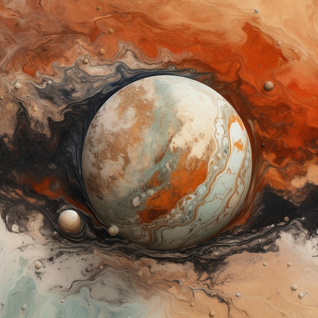 Dipinto di un pianeta con una grande palla bianca al centro generativa ai