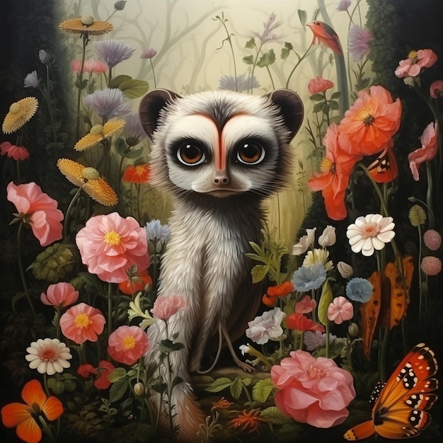 dipinto di un piccolo animale con grandi occhi in un campo di fiori ai