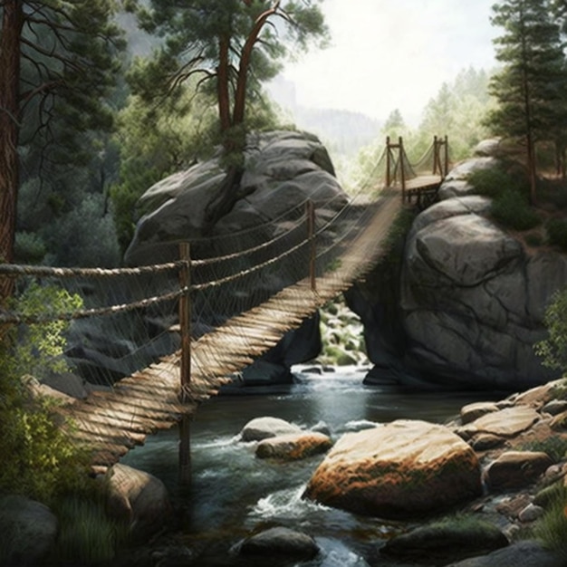 dipinto di un ponte che attraversa un ruscello in una foresta generativa ai