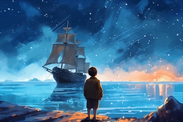 dipinto di un ragazzo in piedi su una roccia che guarda una nave