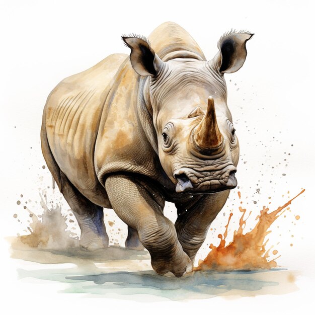 dipinto di un rinoceronte che corre nell'acqua con una spruzzata di vernice generativa ai