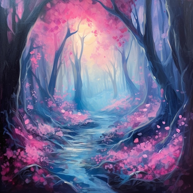 Dipinto di un ruscello in una foresta con fiori rosa e alberi generativi ai