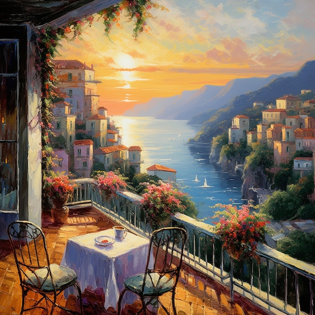 Dipinto di un tavolo e sedie su un balcone che si affaccia su un bellissimo tramonto generativo ai
