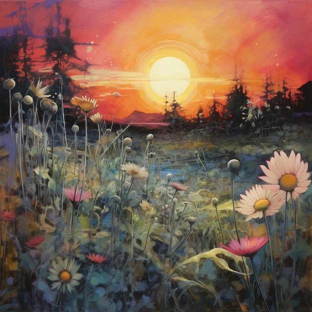 dipinto di un tramonto con fiori e alberi in primo piano ai generativi
