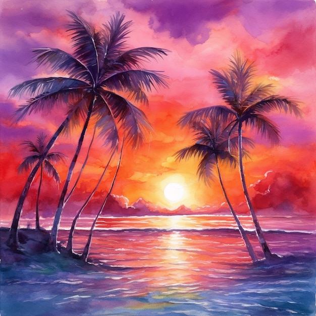 Dipinto di un tramonto con palme e l'oceano generativo ai