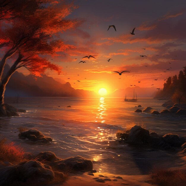 dipinto di un tramonto con uccelli che volano sopra l'acqua generativo ai