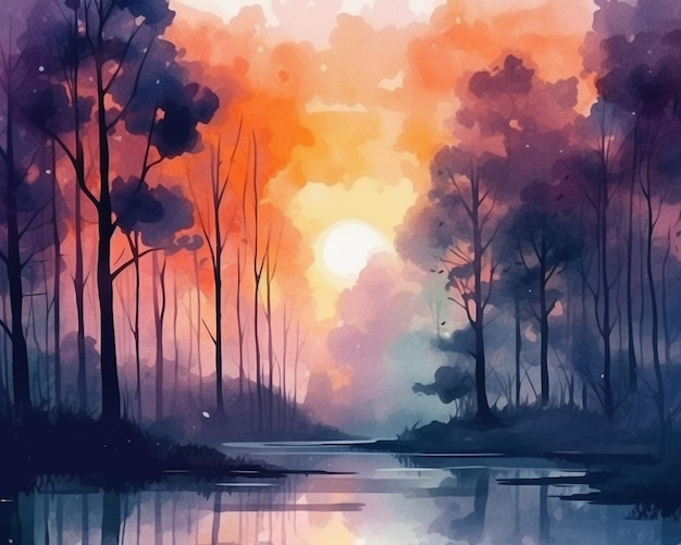 dipinto di un tramonto con un lago e alberi in primo piano ai generativi