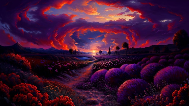 dipinto di un tramonto con un percorso attraverso un campo di fiori ai