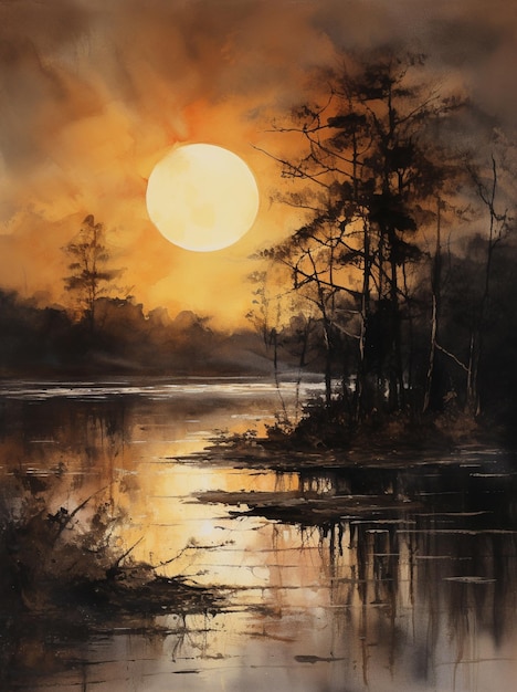 Dipinto di un tramonto su un fiume con alberi e uno specchio d'acqua generativo ai