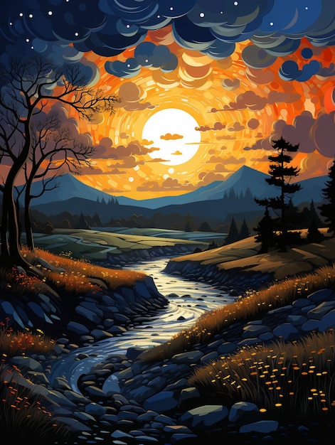 dipinto di un tramonto su un fiume con una montagna sullo sfondo ai generativa