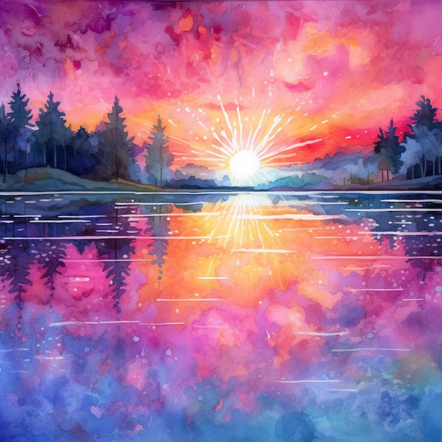 Dipinto di un tramonto su un lago con una foresta sullo sfondo generativo ai