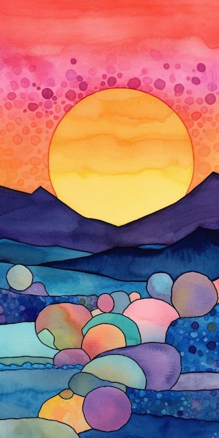 Dipinto di un tramonto su una montagna con un fiume e rocce generative ai