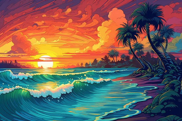Dipinto di un tramonto su una spiaggia con palme e onde generative ai