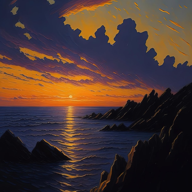 Dipinto di un tramonto sull'oceano con rocce e un faro