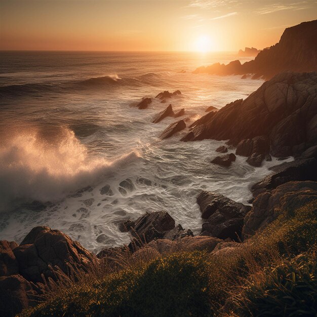 Dipinto di un tramonto sulla spiaggia con palme e onde generative ai