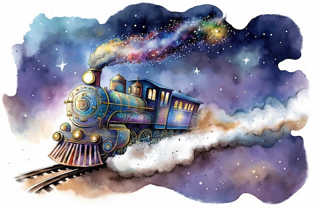 dipinto di un treno che viaggia attraverso un cielo stellato con una stella luminosa generativa ai