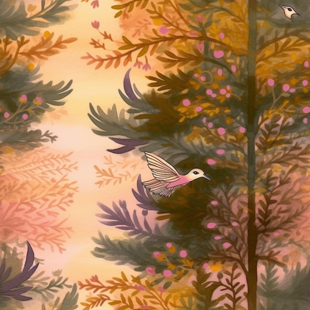 dipinto di un uccello che vola sopra una foresta con un albero generativ ai