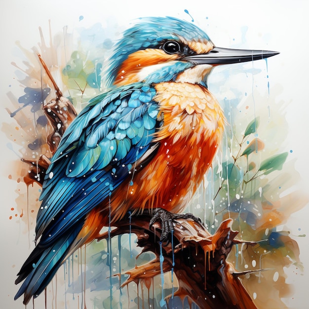 dipinto di un uccello colorato seduto su un ramo con vernice ad acquerello generativa ai