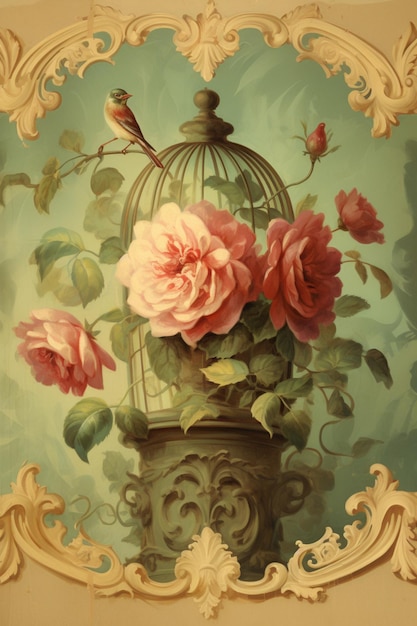 dipinto di un uccello in una gabbia con rose e un uccello su un ramo generativo ai