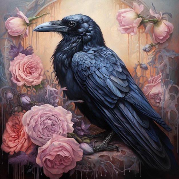 dipinto di un uccello nero seduto su un ramo di un albero con rose generative ai