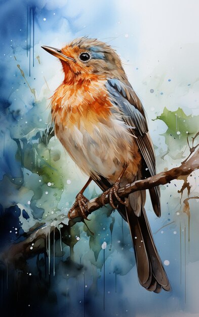 dipinto di un uccello seduto su un ramo con un effetto di vernice gocciolante ai