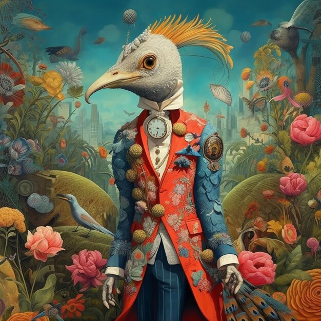 dipinto di un uccello vestito con un abito rosso e blu e un uccello con un becco d'oro generativo ai