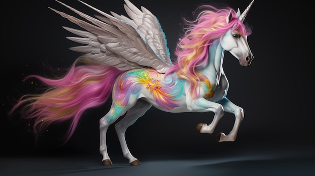 dipinto di un unicorno con criniera arcobaleno e ali generative ai