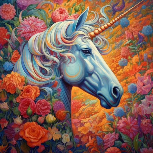 Dipinto di un unicorno con un corno d'oro e una criniera fiorita generativa ai