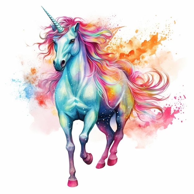 Dipinto di un unicorno con una criniera colorata e una criniera rosa ai generativa